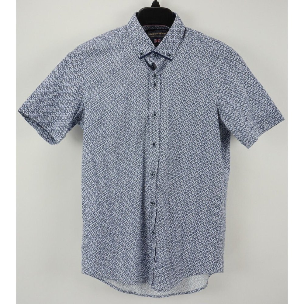Guide London Mens Small Short Sleeve Blue White Floral Stretch Button Down Shirt